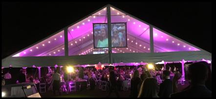 Gala awards show : tent uplighting,video projection, sound, garden lighting - mark twain library redding ct