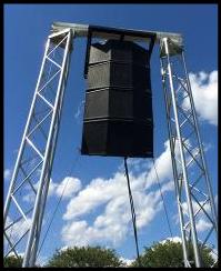 Line Array speaker stack flown from 15ft truss towers